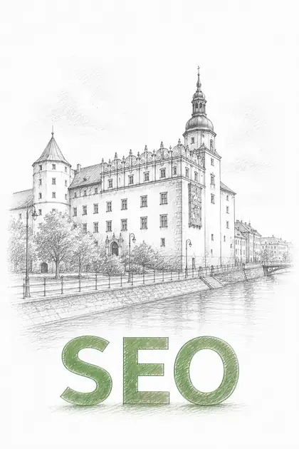 Pozycjonowanie stron Szczecin - Zamek Książąt Pomorskich nad Odrą, przed nim zielony napis SEO