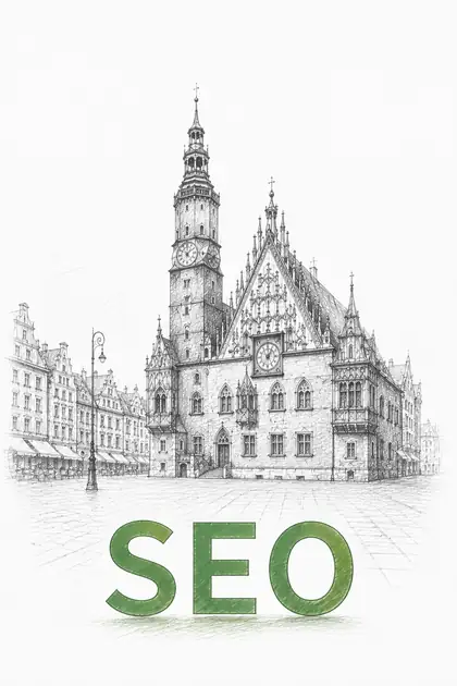 Pozycjonowanie stron Wrocław - ratusz na wrocławskim Rynku, przed nim zielony napis SEO