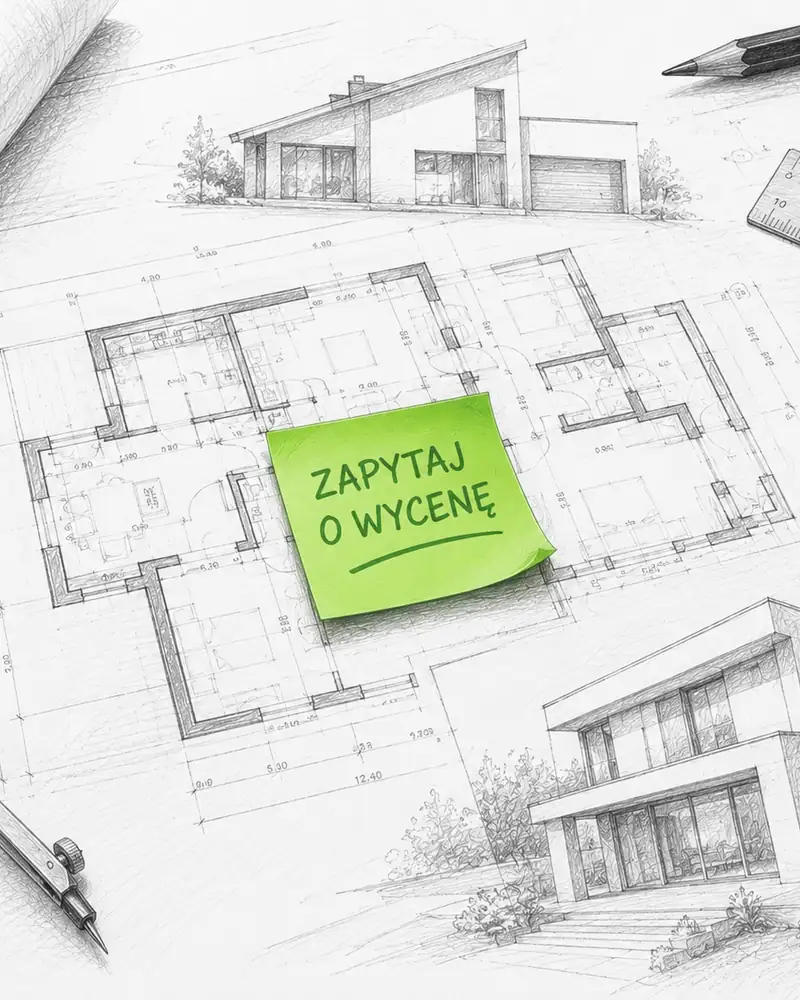 Pozycjonowanie firmy budowlanej - projekt architektoniczny domu z zieloną karteczką Zapytaj o wycenę