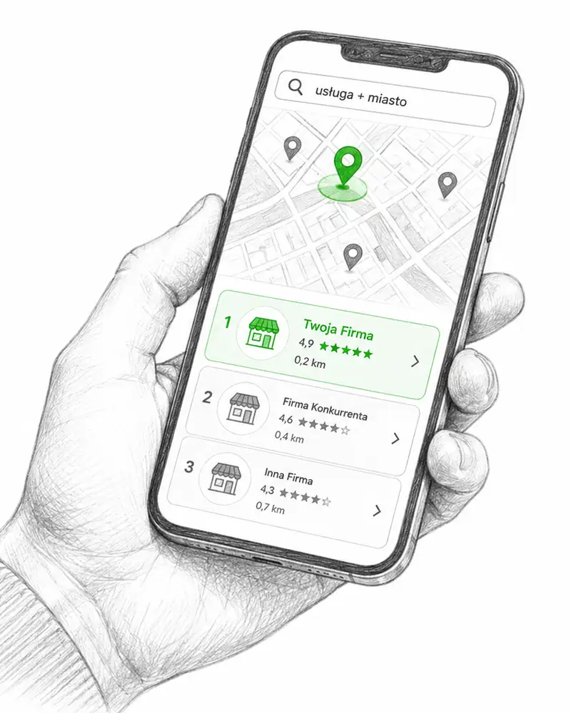 Pozycjonowanie firmy usługowej - ekran telefonu z wynikami w mapach Google, firma na pierwszym miejscu z oceną 4,9